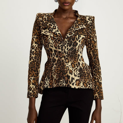 Giada Brown Leopard Print Jacket with Double Collar and Shoulder Pads