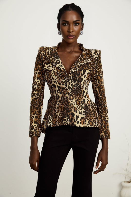 Giada Brown Leopard Print Jacket with Double Collar and Shoulder Pads