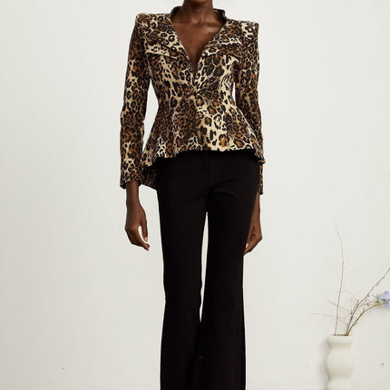 Giada Brown Leopard Print Jacket with Double Collar and Shoulder Pads