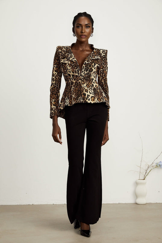 Giada Brown Leopard Print Jacket with Double Collar and Shoulder Pads