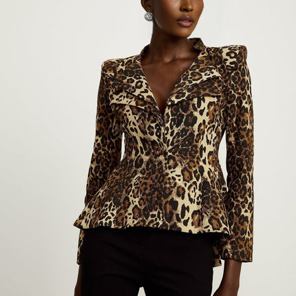 Giada Brown Leopard Print Jacket with Double Collar and Shoulder Pads