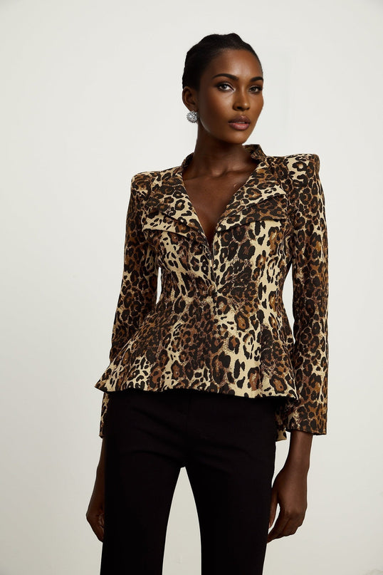 Giada Brown Leopard Print Jacket with Double Collar and Shoulder Pads