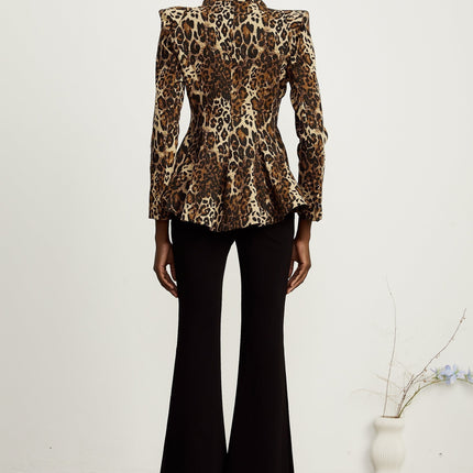 Giada Brown Leopard Print Jacket with Double Collar and Shoulder Pads