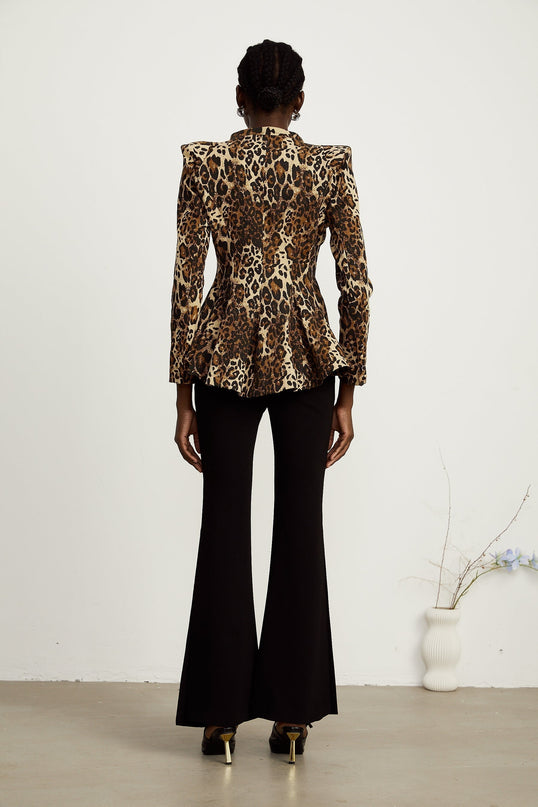 Giada Brown Leopard Print Jacket with Double Collar and Shoulder Pads