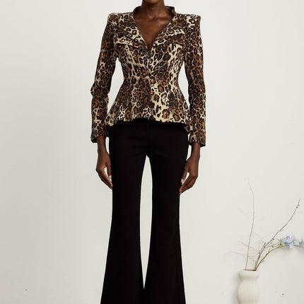 Giada Brown Leopard Print Jacket with Double Collar and Shoulder Pads