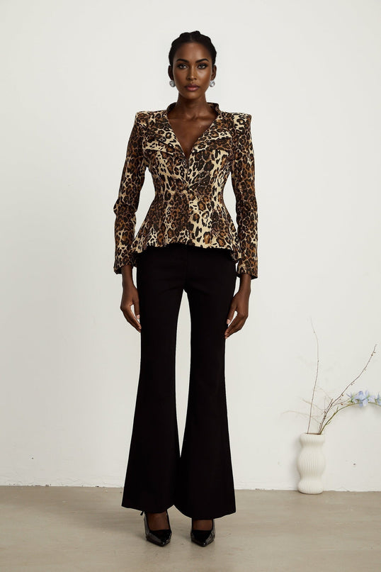 Giada Brown Leopard Print Jacket with Double Collar and Shoulder Pads
