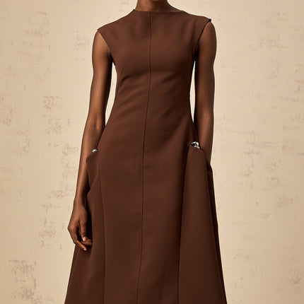 Giada Brown Midi Dress with Asymmetric Cape Sleeves and Silver-tone Hardware