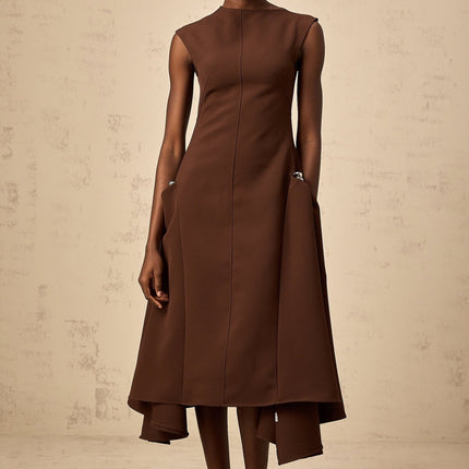 Giada Brown Midi Dress with Asymmetric Cape Sleeves and Silver-tone Hardware
