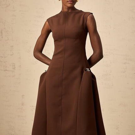 Giada Brown Midi Dress with Asymmetric Cape Sleeves and Silver-tone Hardware