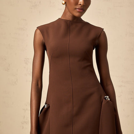 Giada Brown Midi Dress with Asymmetric Cape Sleeves and Silver-tone Hardware