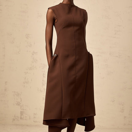 Giada Brown Midi Dress with Asymmetric Cape Sleeves and Silver-tone Hardware