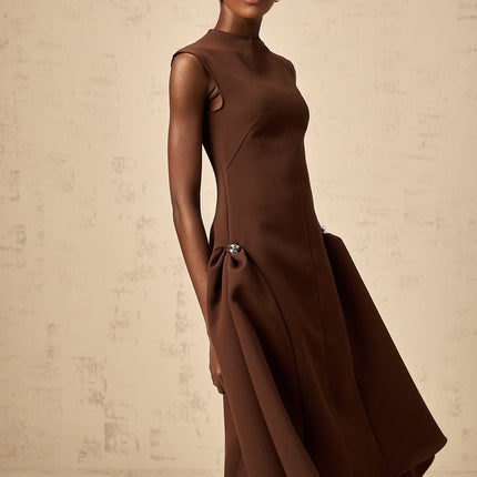 Giada Brown Midi Dress with Asymmetric Cape Sleeves and Silver-tone Hardware