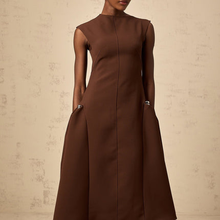 Giada Brown Midi Dress with Asymmetric Cape Sleeves and Silver-Tone Hardware