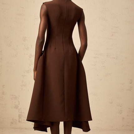 Giada Brown Midi Dress with Asymmetric Cape Sleeves and Silver-tone Hardware