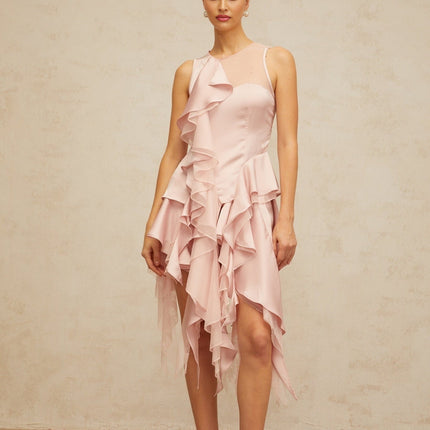 Giada Pink Top Skirt Set Asymmetrical Ruffled Peplum Hem Floral Lace Paneling Tulle High Rise Mini Length