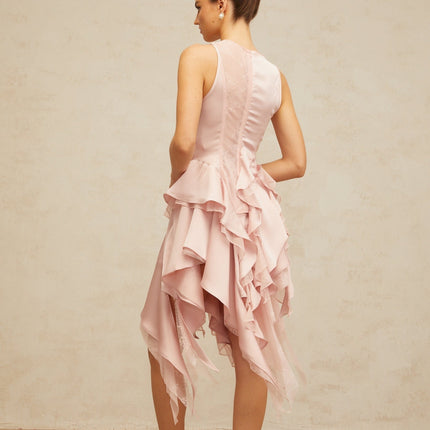 Giada Pink Top Skirt Set Asymmetrical Ruffled Peplum Hem Floral Lace Terylene Fiber Round Neck Sleeveless Tulle Paneling High Rise Mini Length Ensemble