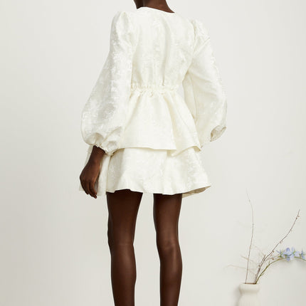 Giada White Jacquard Mini Dress V Neck Long Sleeve Tiered Flared Hem Elasticated Cuffs