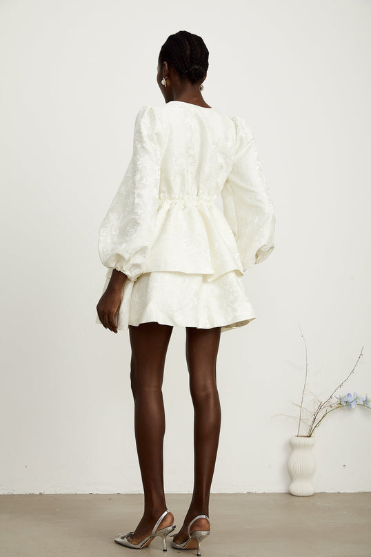 Giada White Jacquard Mini Dress V Neck Long Sleeve Tiered Flared Hem Elasticated Cuffs