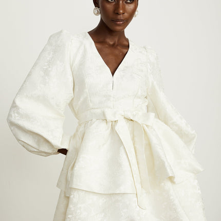 Giada White Jacquard Tiered Mini Dress V Neck Long Sleeve Flared Hem