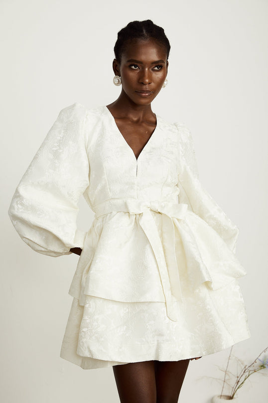 Giada White Jacquard Tiered Mini Dress V Neck Long Sleeve Flared Hem