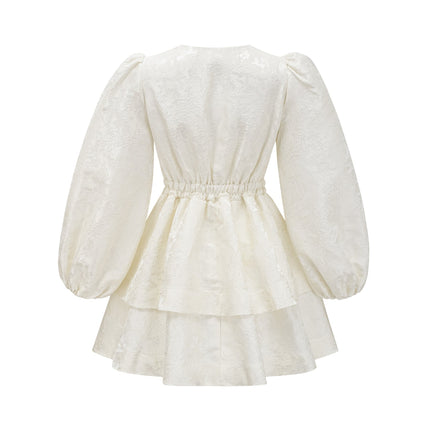 Giada White Jacquard Tiered Mini Dress V Neck Long Sleeve Flared Hem