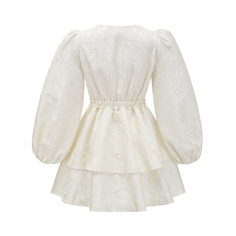 Giada White Jacquard Tiered Mini Dress V Neck Long Sleeve Flared Hem