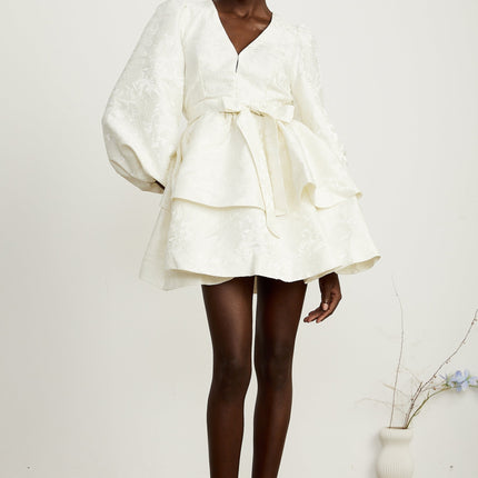 Giada White Jacquard Tiered Mini Dress with V Neck and Long Sleeves