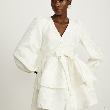Giada White Jacquard Tiered Mini Dress with V Neck and Long Sleeves