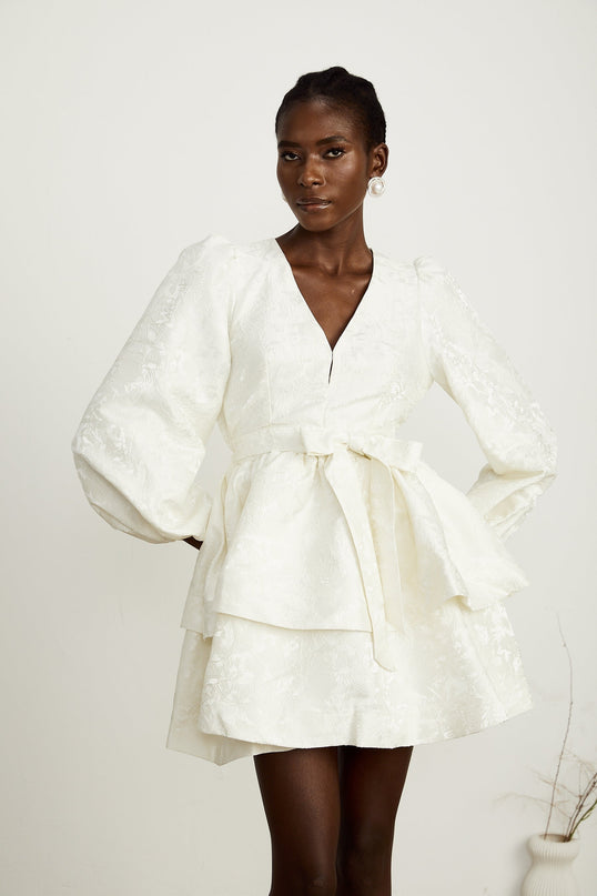 Giada White Jacquard Tiered Mini Dress with V Neck and Long Sleeves