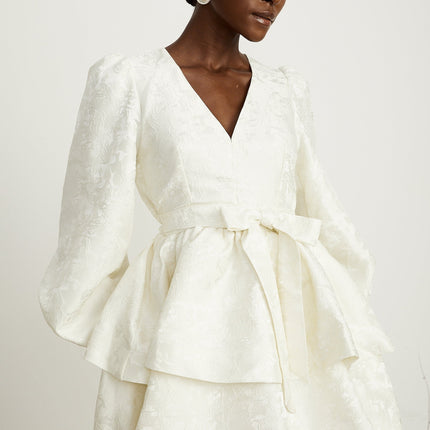 Giada White Jacquard Tiered Mini Dress with V Neck and Long Sleeves