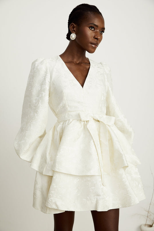 Giada White Jacquard Tiered Mini Dress with V Neck and Long Sleeves
