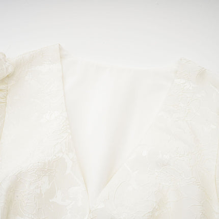 Giada White Jacquard Tiered Mini Dress with V Neck and Long Sleeves