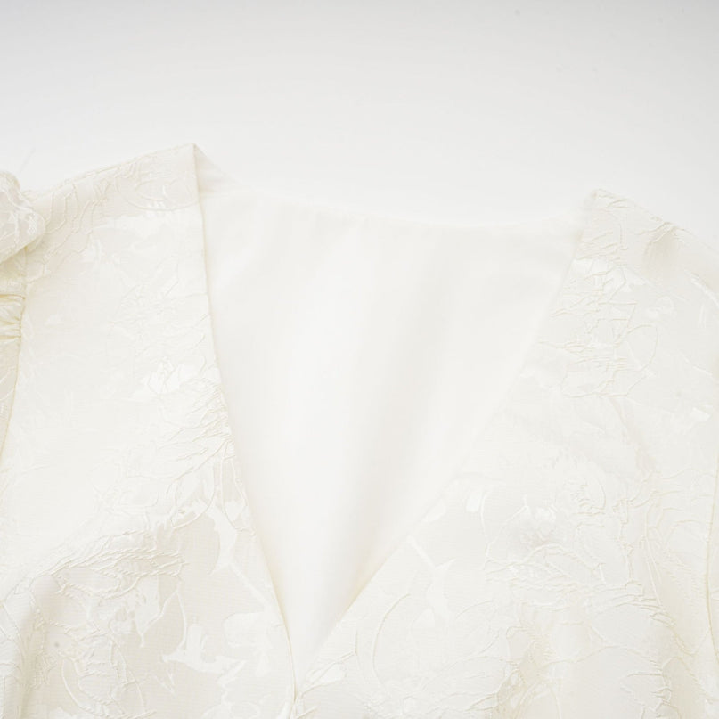 Giada White Jacquard Tiered Mini Dress with V Neck and Long Sleeves