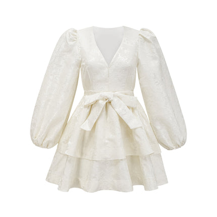 Giada White Jacquard Tiered Mini Dress with V Neck and Long Sleeves