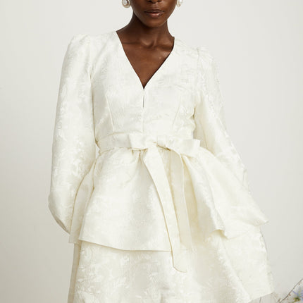 Giada White Jacquard Tiered Mini Dress with V Neck and Long Sleeves