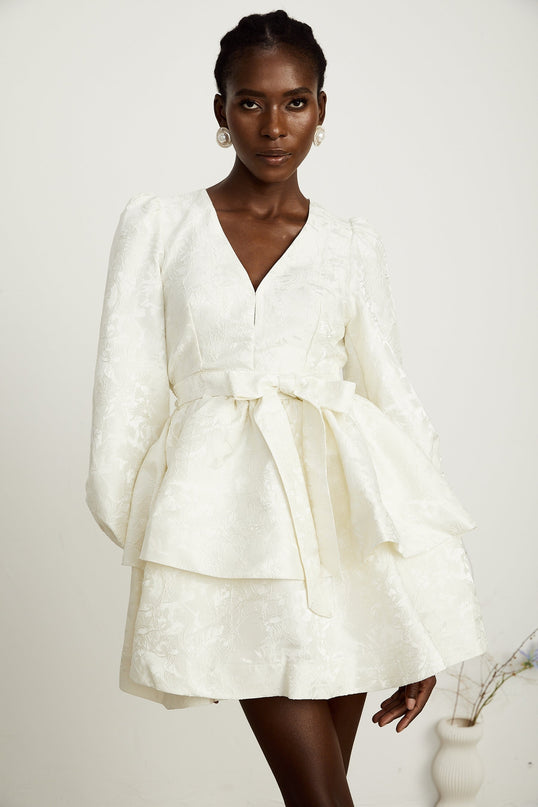 Giada White Jacquard Tiered Mini Dress with V Neck and Long Sleeves