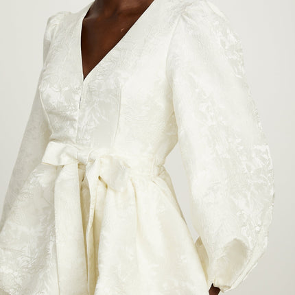 Giada White Jacquard Tiered Mini Dress with V Neck and Long Sleeves