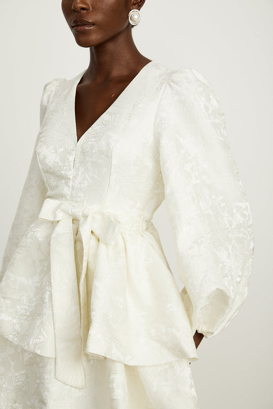 Giada White Jacquard Tiered Mini Dress with V Neck and Long Sleeves