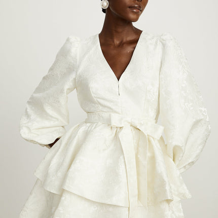 Giada White Jacquard Tiered Mini Dress V Neck Long Sleeve Flared Hem