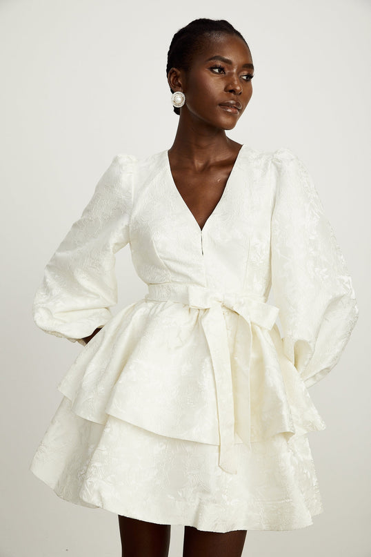 Giada White Jacquard Tiered Mini Dress V Neck Long Sleeve Flared Hem