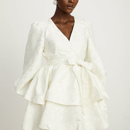 Giada White Jacquard Tiered Mini Dress V Neck Long Sleeve Flared Hem