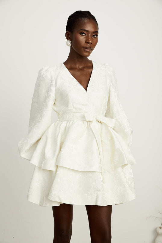 Giada White Jacquard Tiered Mini Dress V Neck Long Sleeve Flared Hem