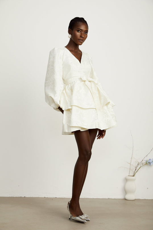 Giada White Jacquard V Neck Mini Dress with Flared Hem and Elasticated Cuffs