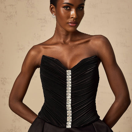 Giana Black Crystal Embellished Mini Dress with V-Neck and Puff Skirt