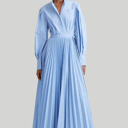 Giana Blue Dress Lapel Neckline Striped Pattern Cotton Polyester Ankle Length