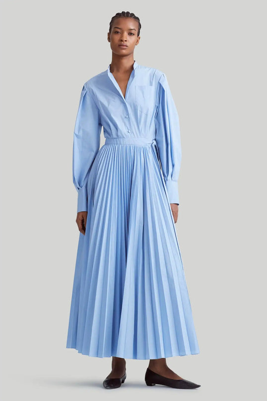 Giana Blue Dress Lapel Neckline Striped Pattern Cotton Polyester Ankle Length