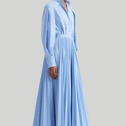Giana Blue Dress Lapel Neckline Striped Pattern Ankle Length Full Sleeves Cotton Polyester Blend Italy