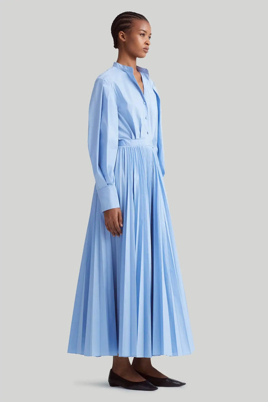 Giana Blue Dress Lapel Neckline Striped Pattern Ankle Length Full Sleeves Cotton Polyester Blend Italy