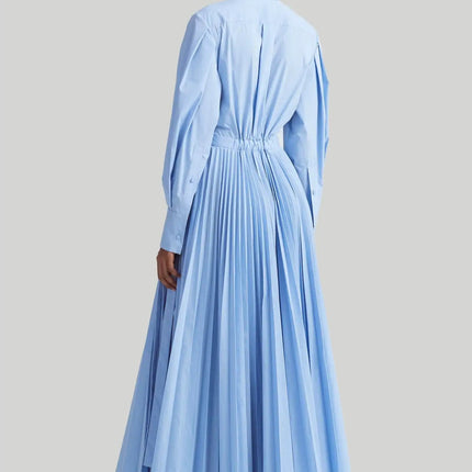 Giana Blue Dress lapel neckline natural waist full sleeves striped pattern cotton polyester ankle-length Italy European craftsmanship elegance sophistication luxury versatile seasons Modisches