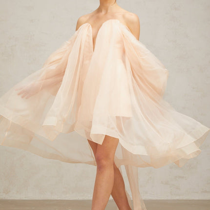 Giana Peach Silk Polyester Mini Dress with Boned Bodice and Ruffled Detailing